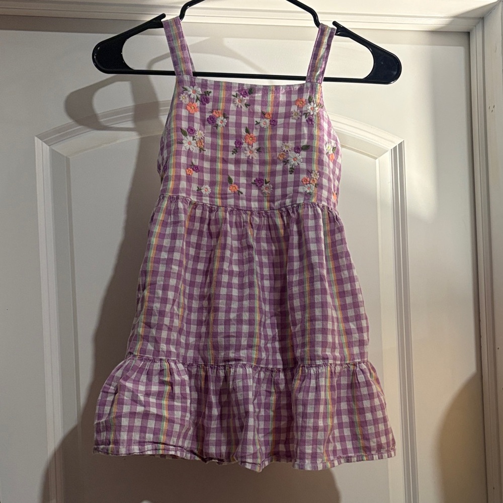 Super cute Girls Lavender Gingham Sundress with Floral Embroidery